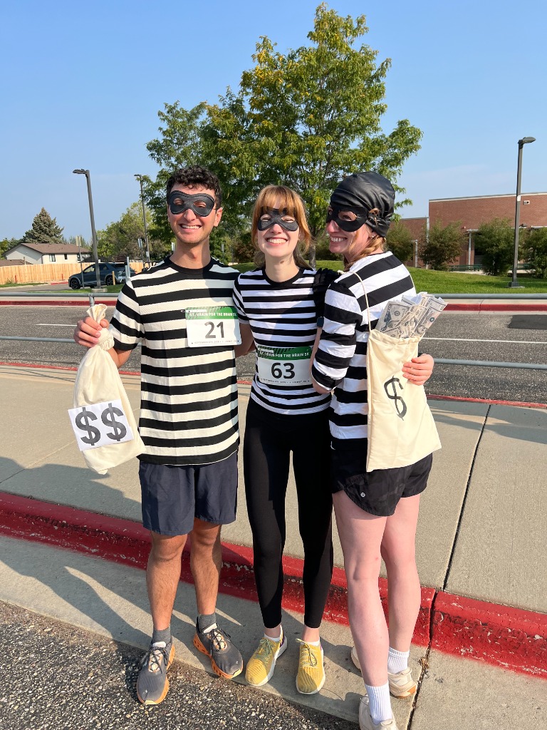 Participants dressed up as bank robbers with money bags